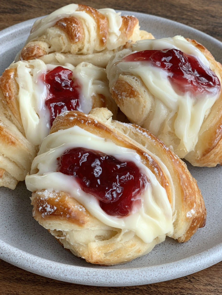 Four pieces of pastry with cherries on top.