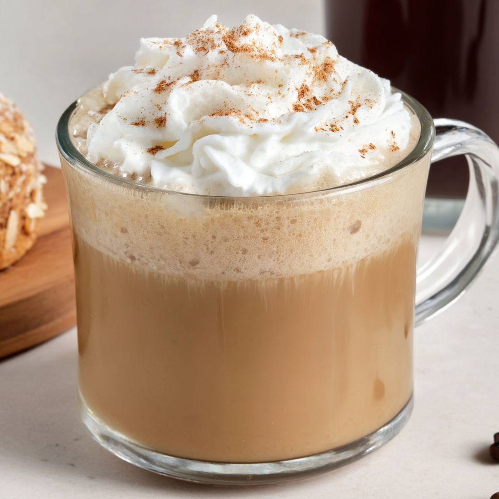 A glass of pumpkin spice latte with whipped cream.