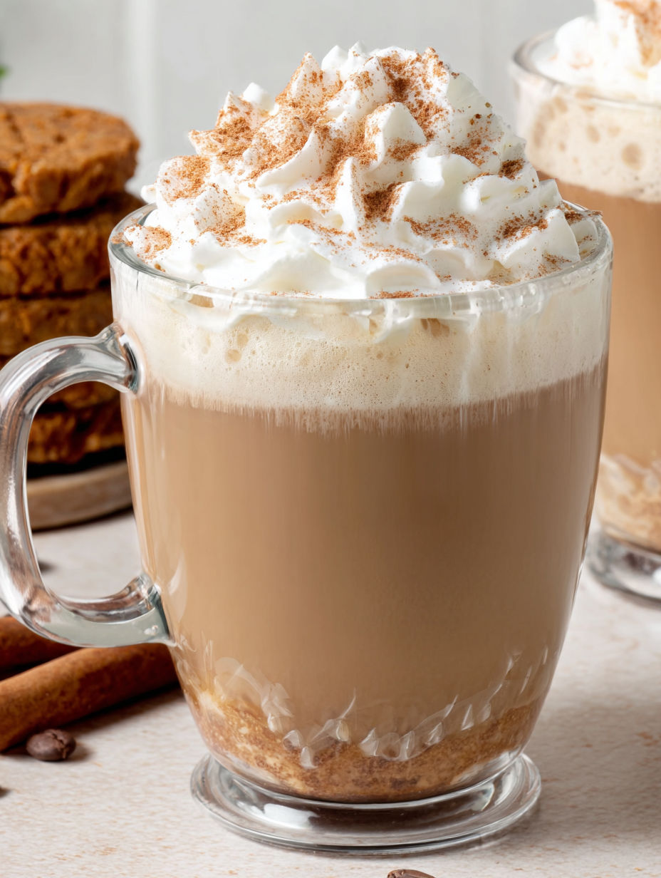 A glass of coffee with whipped cream and cinnamon.