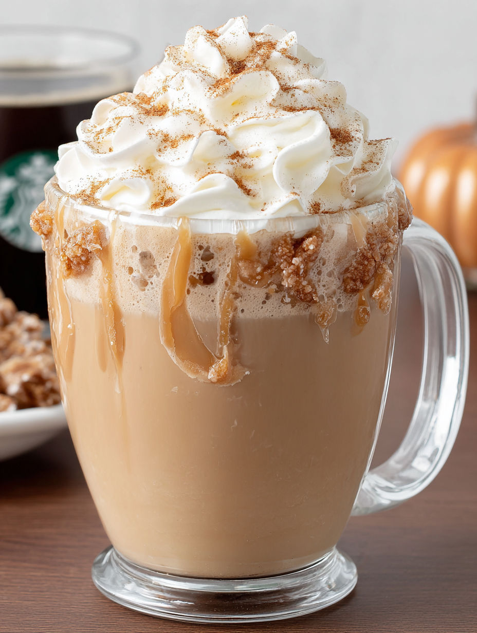 A cup of coffee with whipped cream and caramel drizzle.