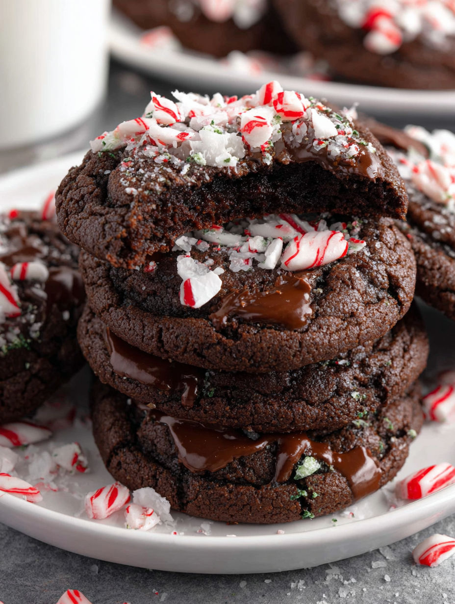 A stack of chocolate peppermint cookies.