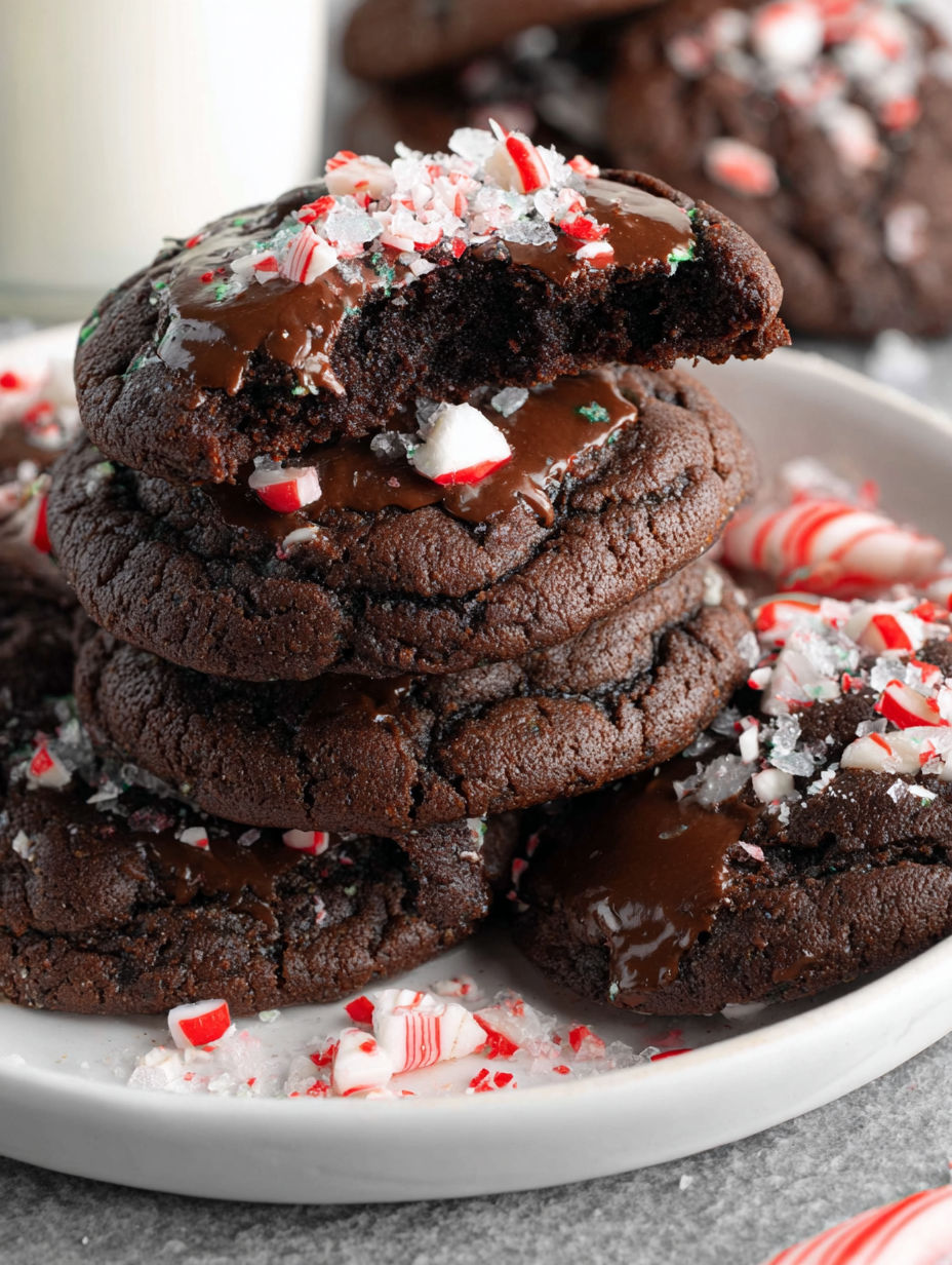 A stack of chocolate peppermint cookies.