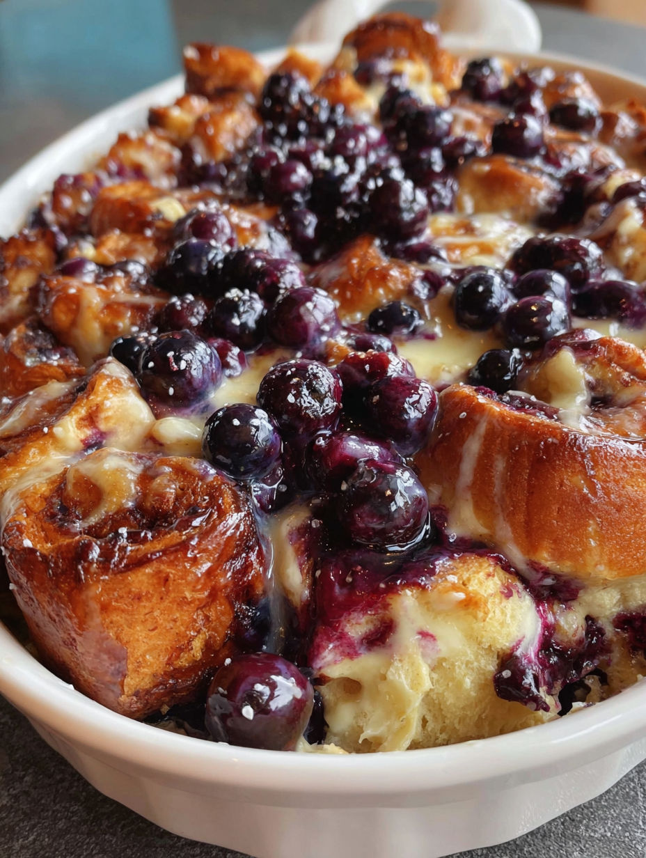 A bowl of blueberry cake with a crumbly topping.