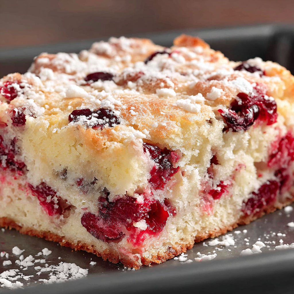 A slice of cranberry cake with white powder on top.