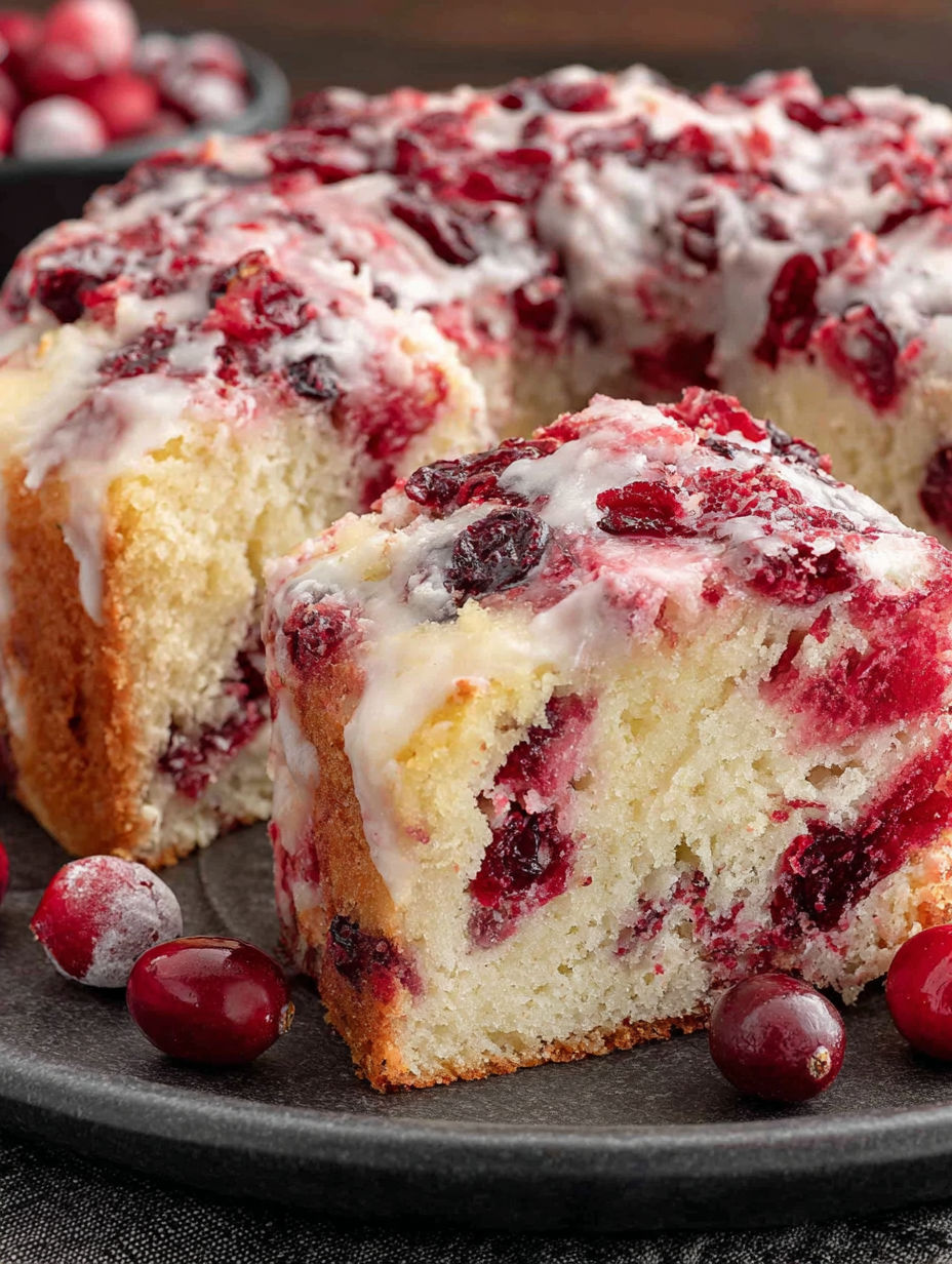 A slice of cranberry cake on a plate.