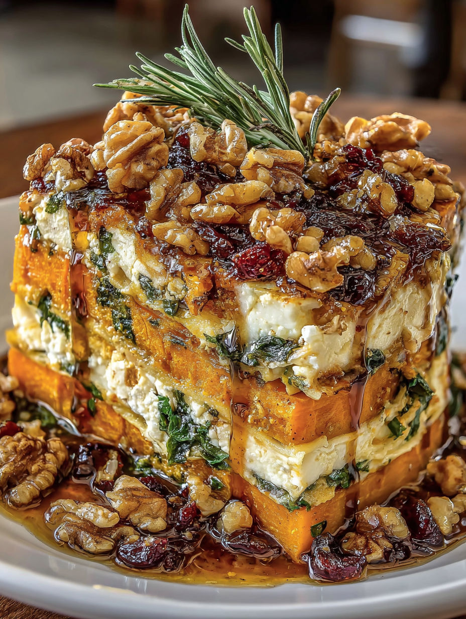 A layered sweet potato, butternut squash, carrot lasagna with feta, walnuts, and cranberry-honey glaze.