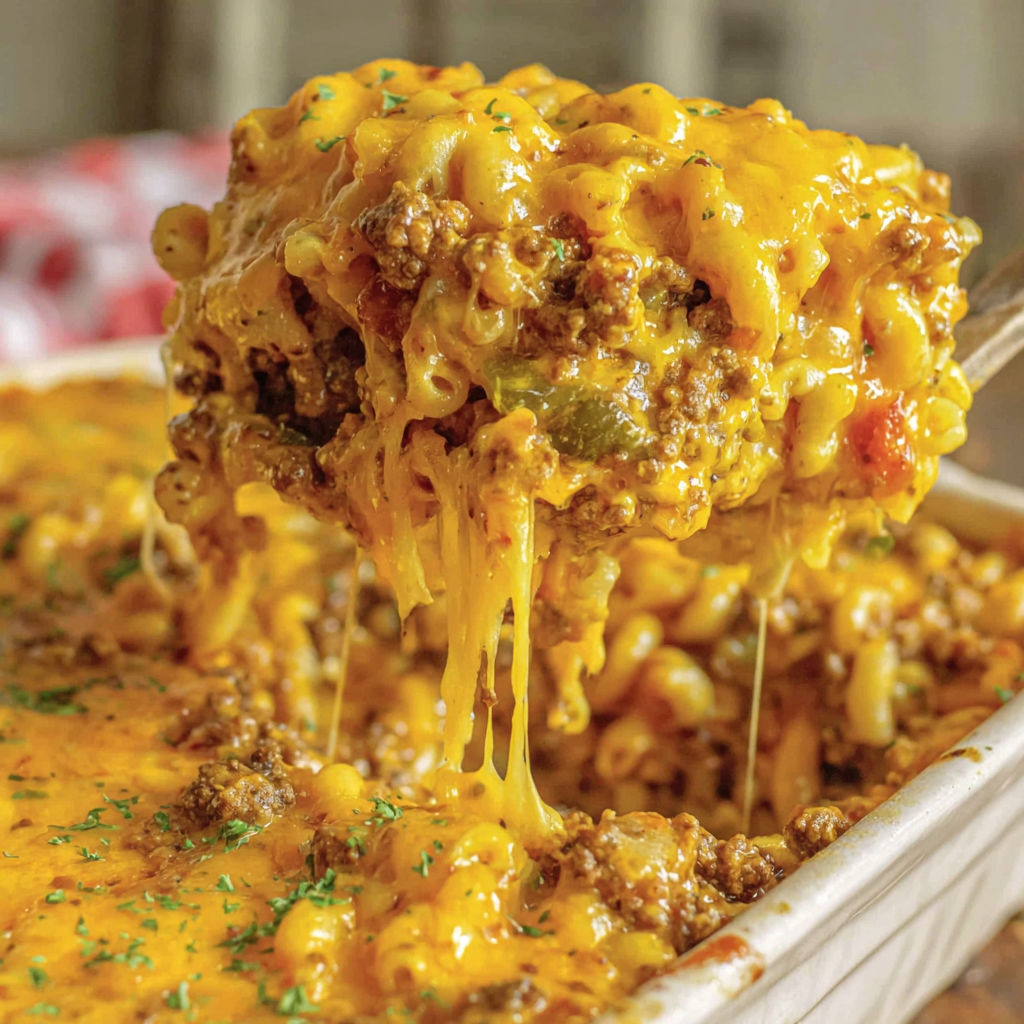A close up of a sloppy joe casserole.