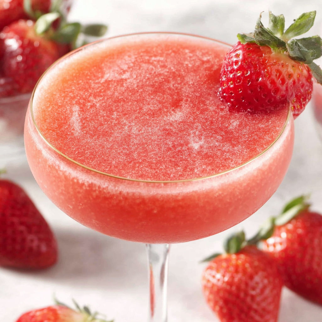 A glass of pink frozen rose drink with strawberries.