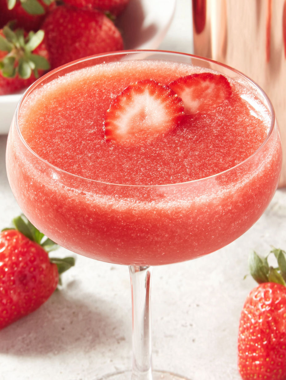 A glass of Frosè is topped with strawberries.