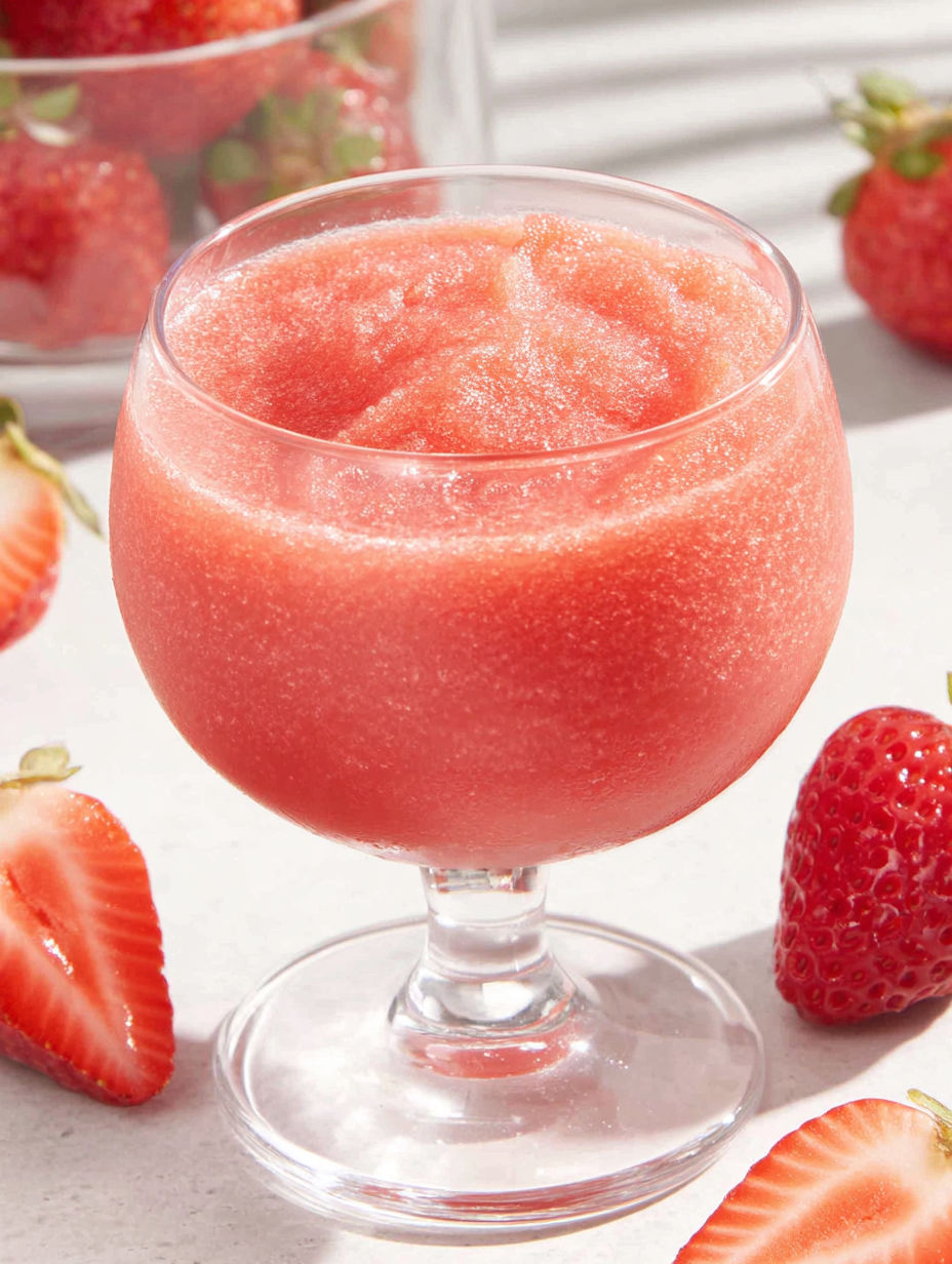 A glass of Frosè is filled with a pink liquid.