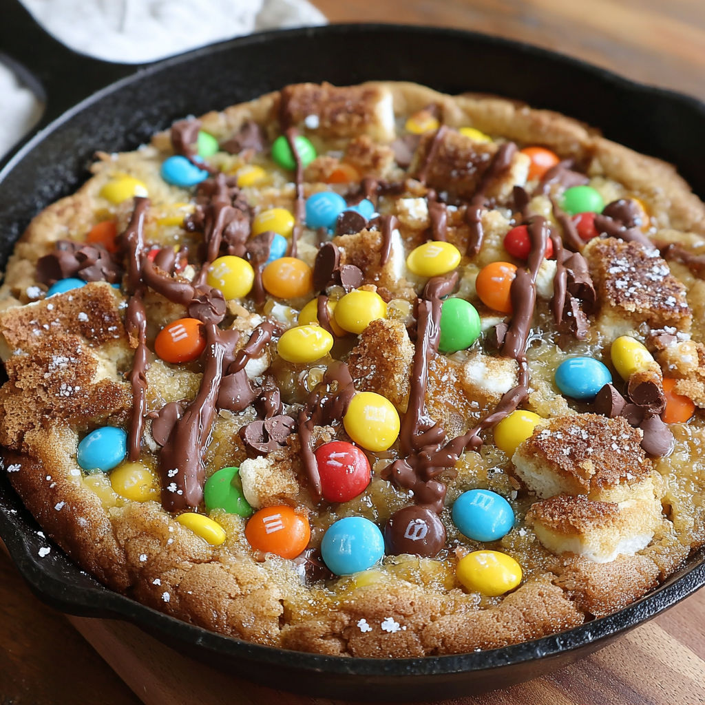 A skillet with a M&M S'mores dessert.