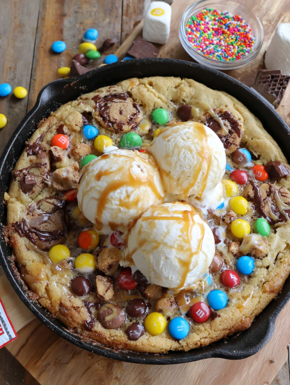 A chocolate chip cookie with ice cream and M&M's.