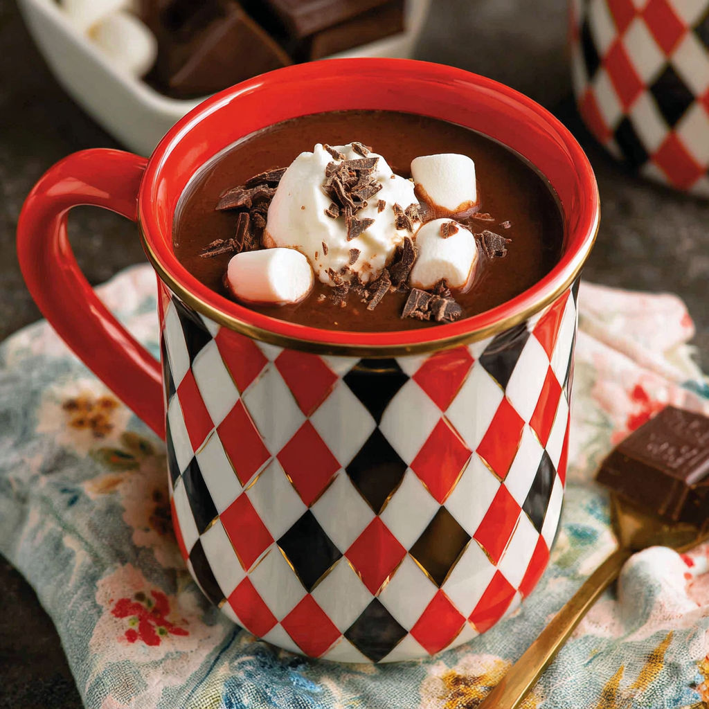 A red and black coffee mug with a marshmallow and chocolate chips in it.