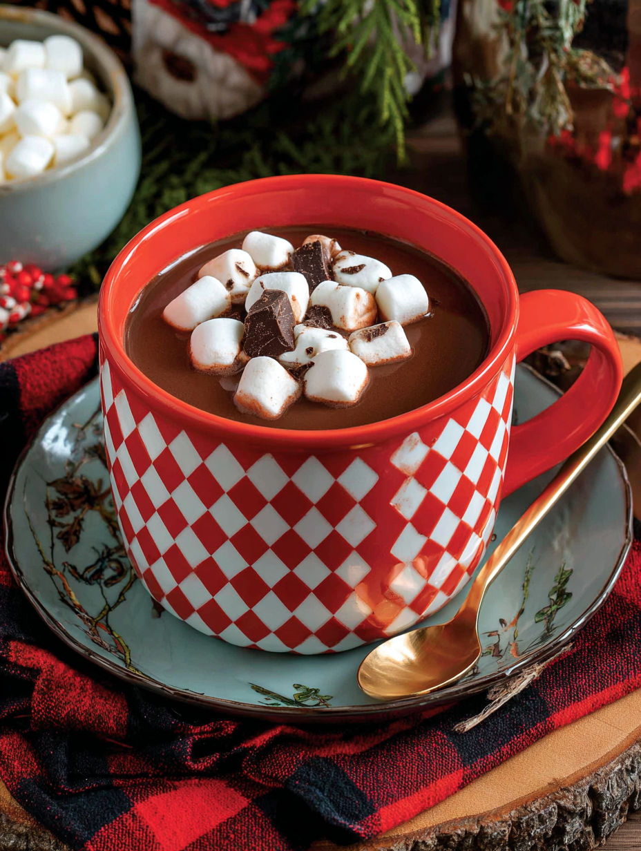 A mug of hot chocolate with marshmallows on top.