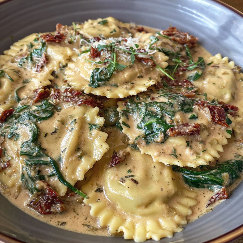 A bowl of creamy Tuscan ravioli.