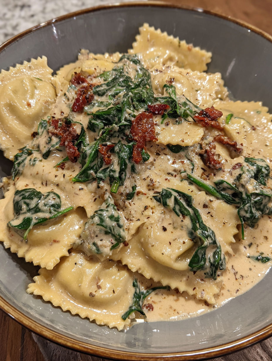 A bowl of creamy Tuscan ravioli.