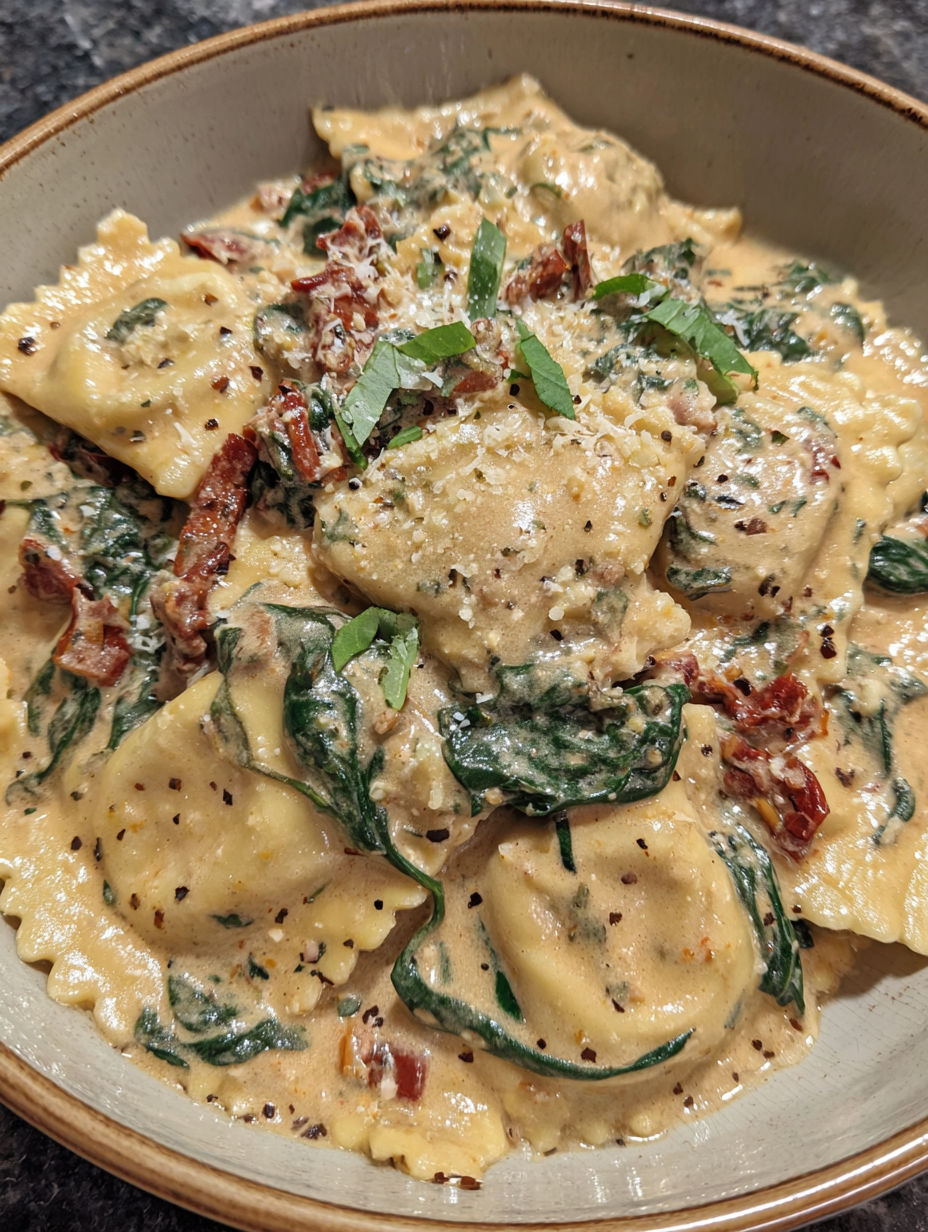 A bowl of creamy Tuscan ravioli with greens.