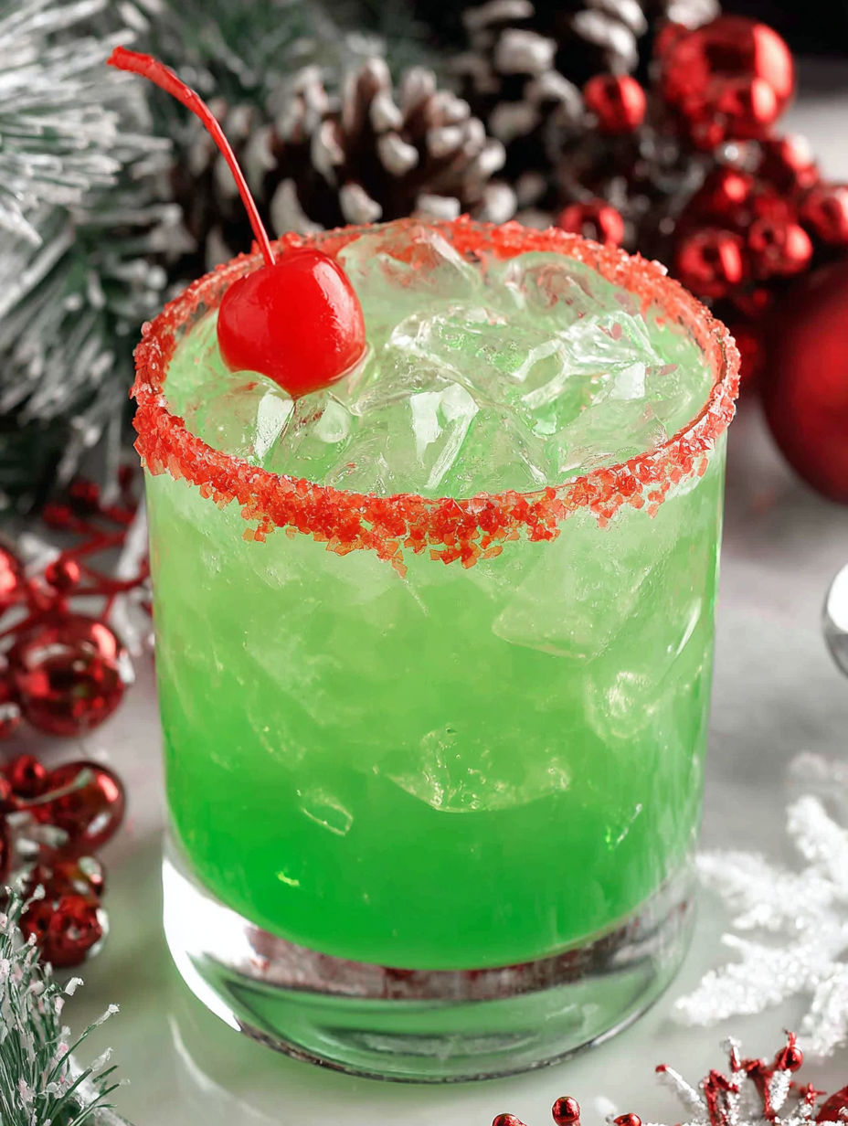 A green cocktail with a cherry on top.