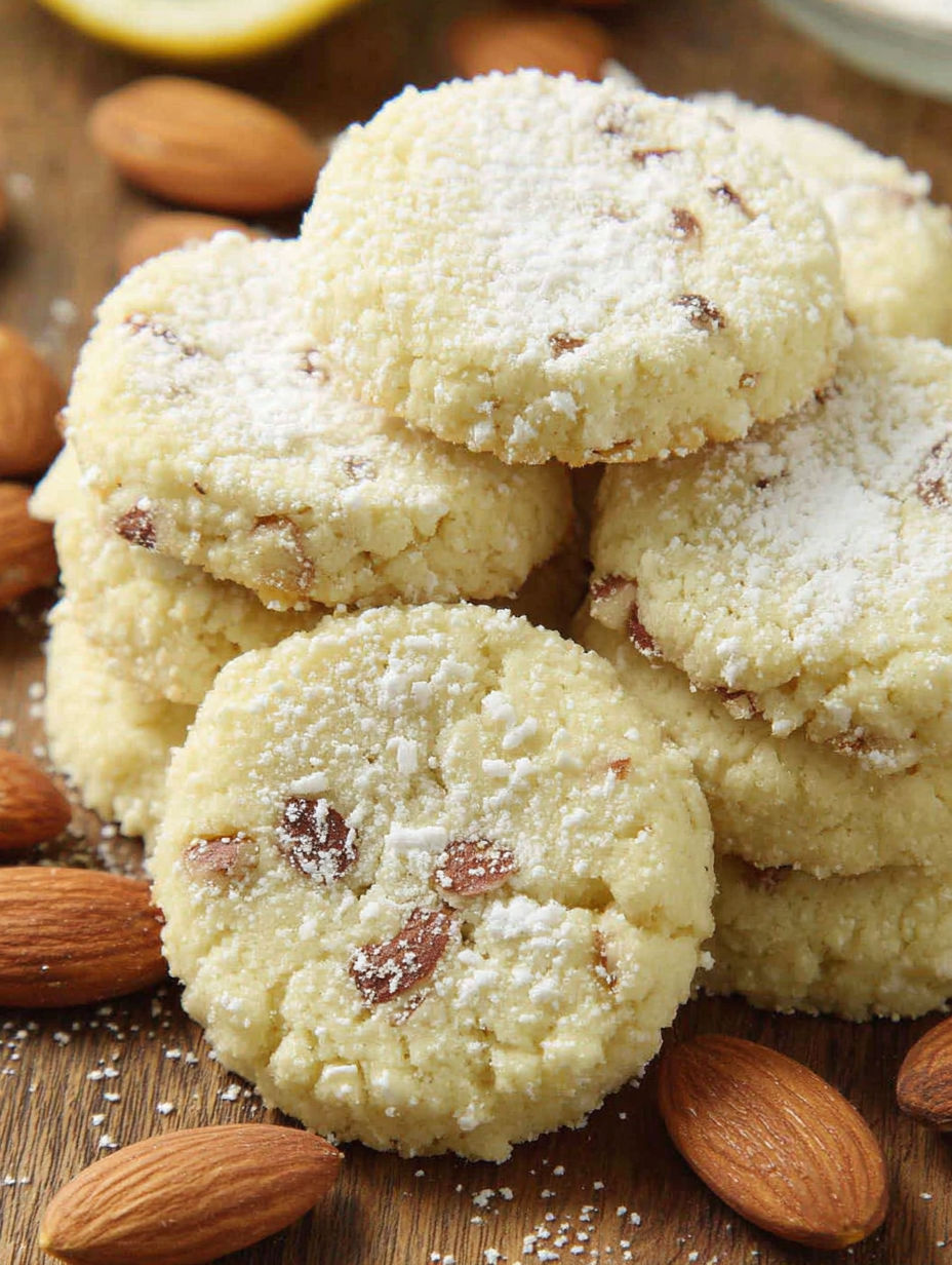 A stack of cookies with almonds on top.