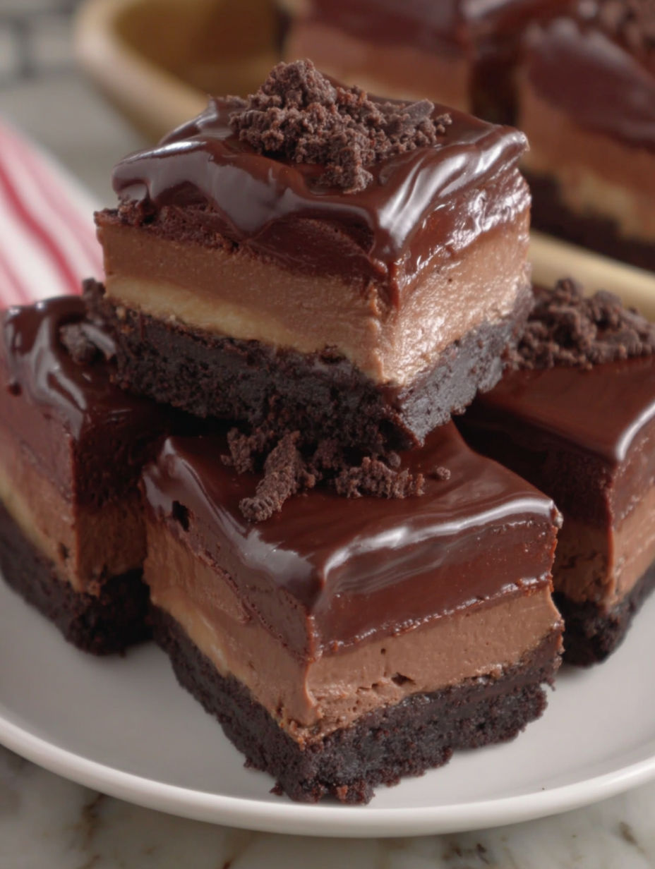 Nutella cheesecake squares on a plate.