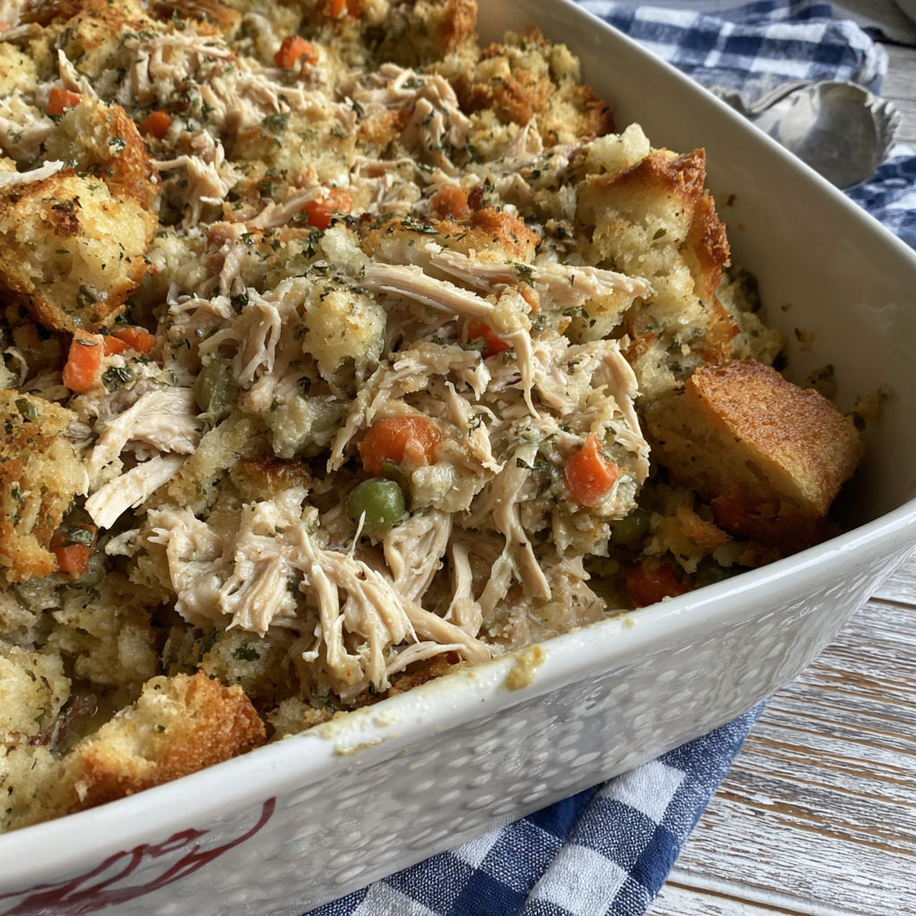 A white bowl filled with chicken and stuffing.