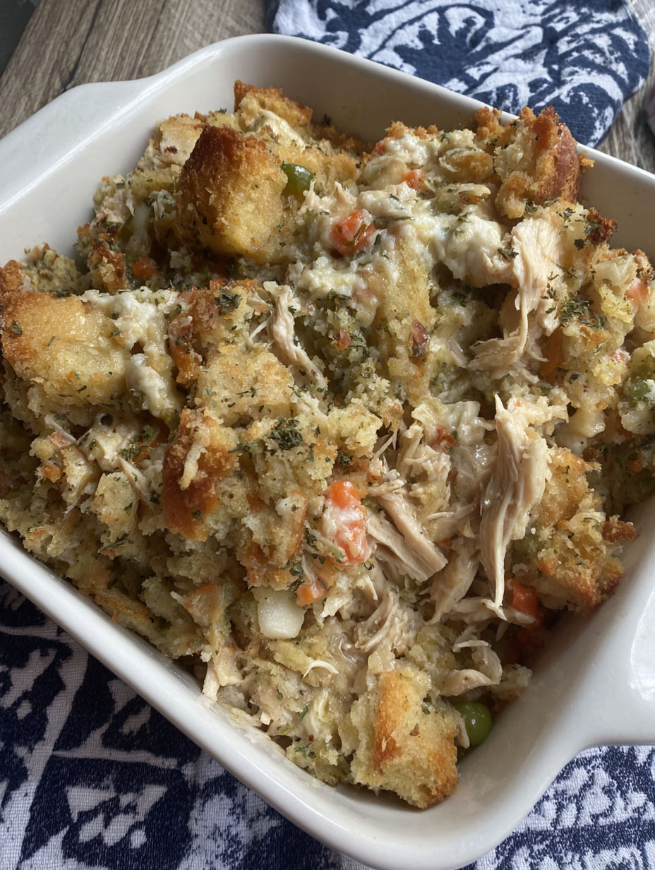 A white bowl filled with a chicken and stuffing casserole.