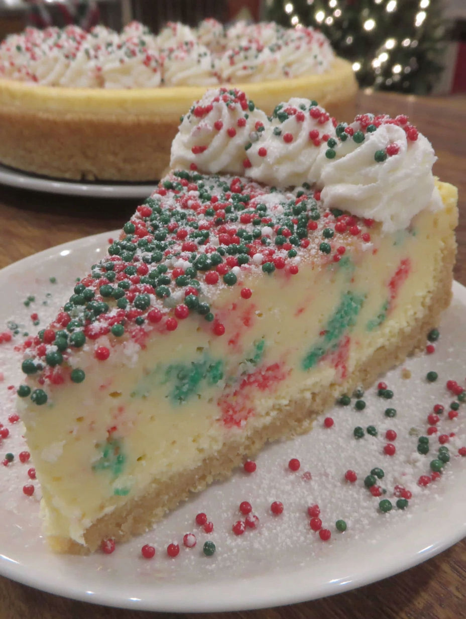 A slice of sugar cookie cheesecake.