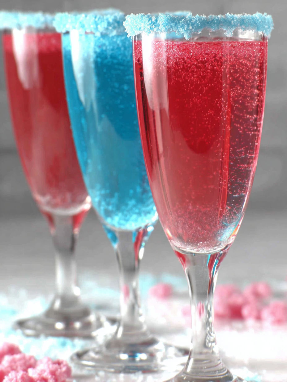 Three glasses of red, blue and pink drinks.