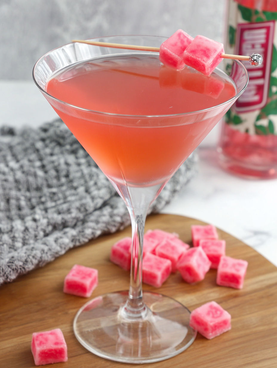 A pink starburst martini with a toothpick in it.