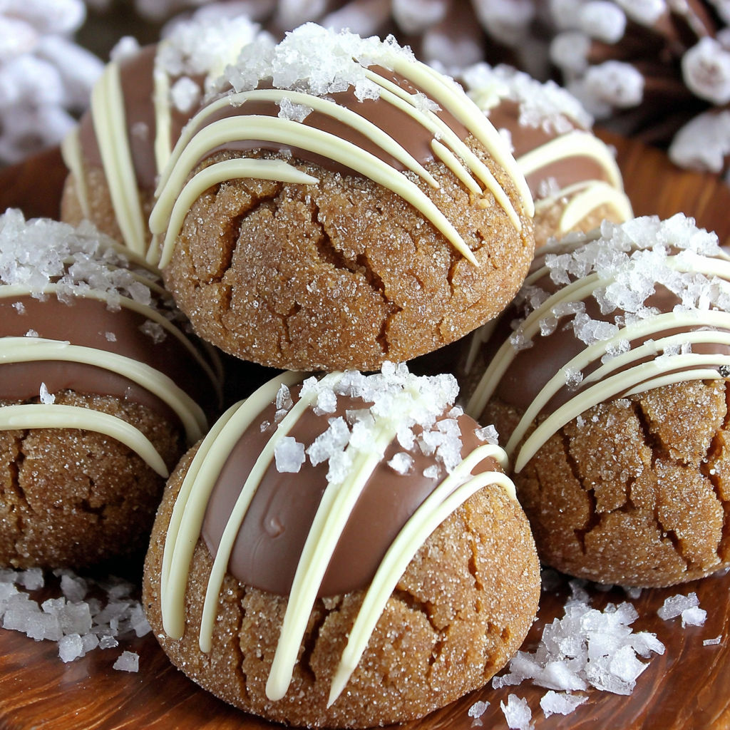 Gingerbread kiss cookies with white chocolate and powdered sugar.