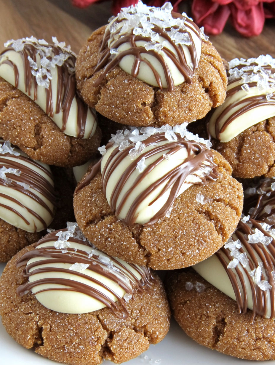 A stack of gingerbread kiss cookies with chocolate and white icing.