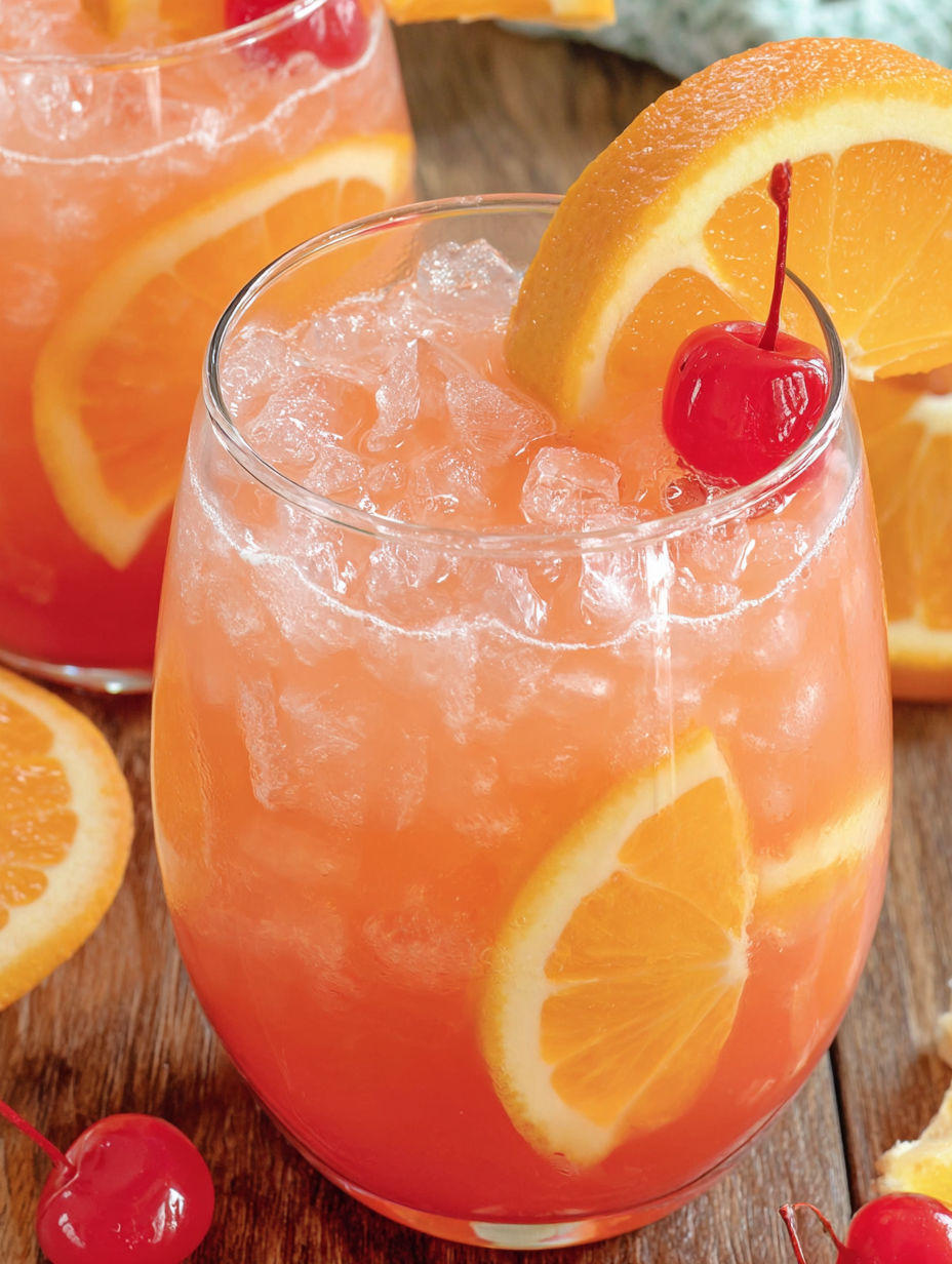 A glass of Shirley Temple Punch with a cherry on top.