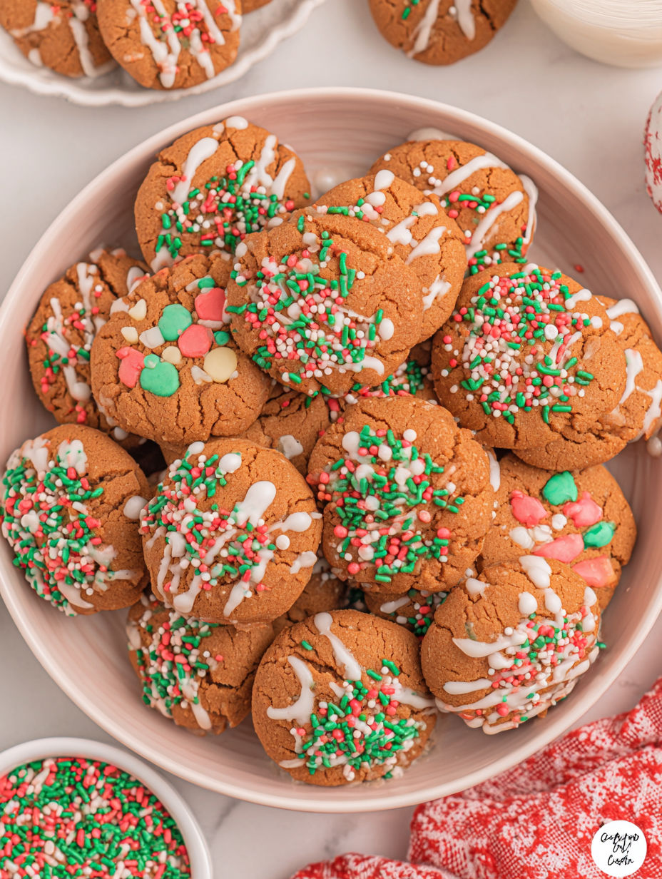A bowl of cookies with white icing and sprinkles.