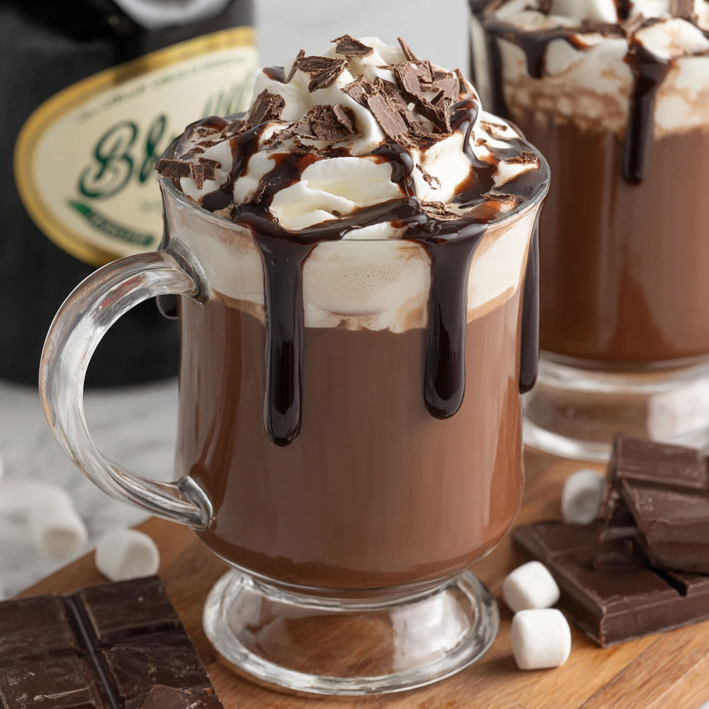 A glass of Baileys hot chocolate with whipped cream.