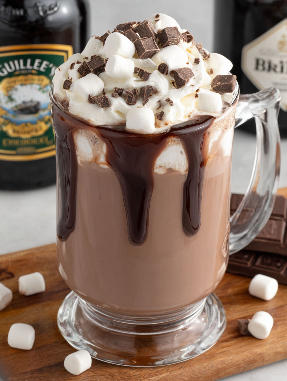 A glass of Baileys Hot Chocolate with marshmallows on top.