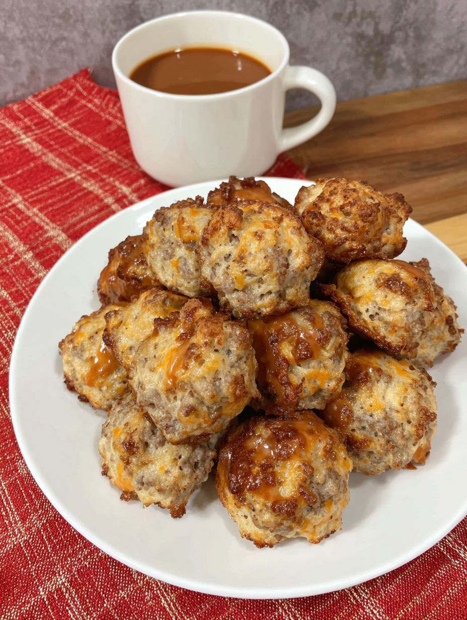 A plate of sausage balls with a cup of coffee.