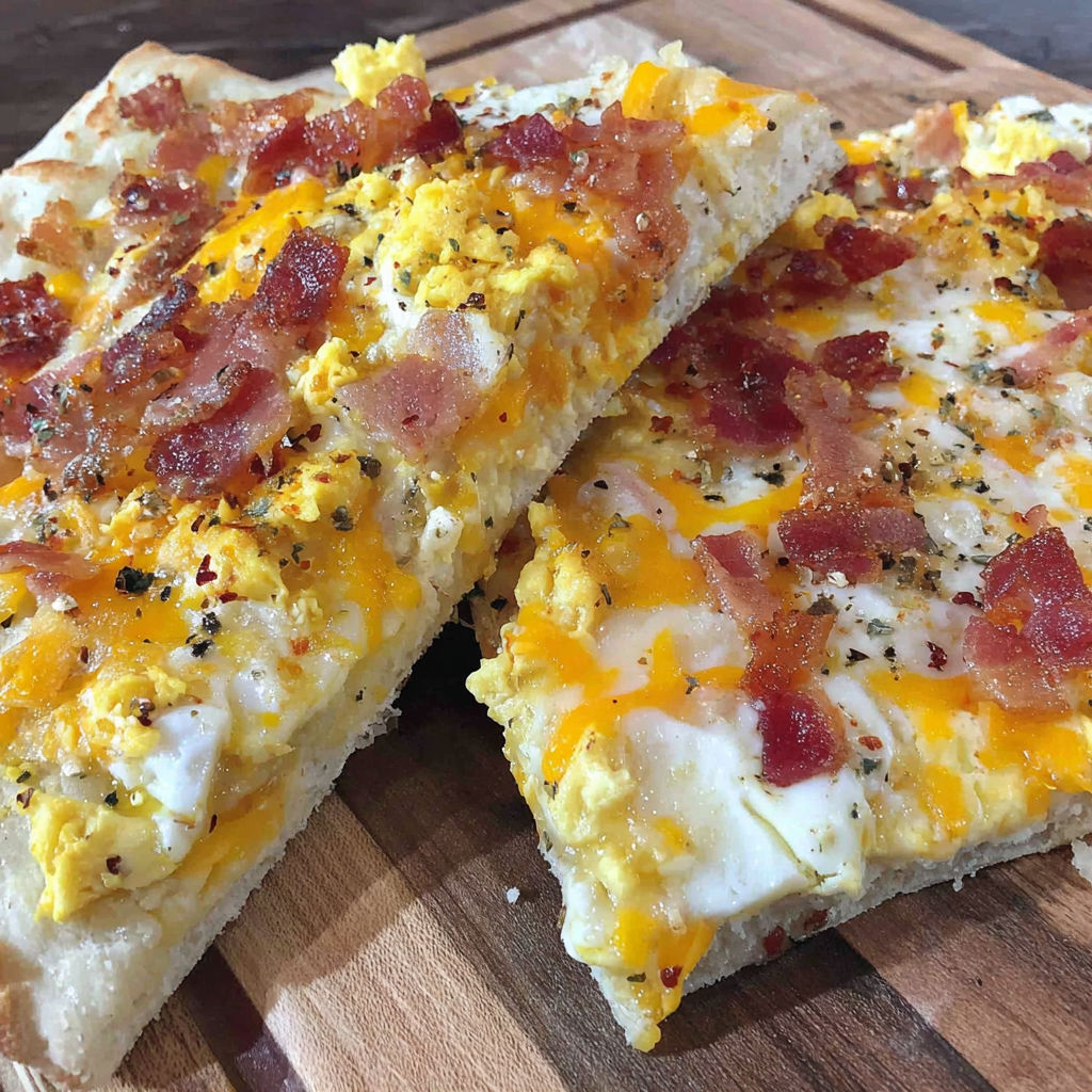 A breakfast pizza with bacon and cheese.