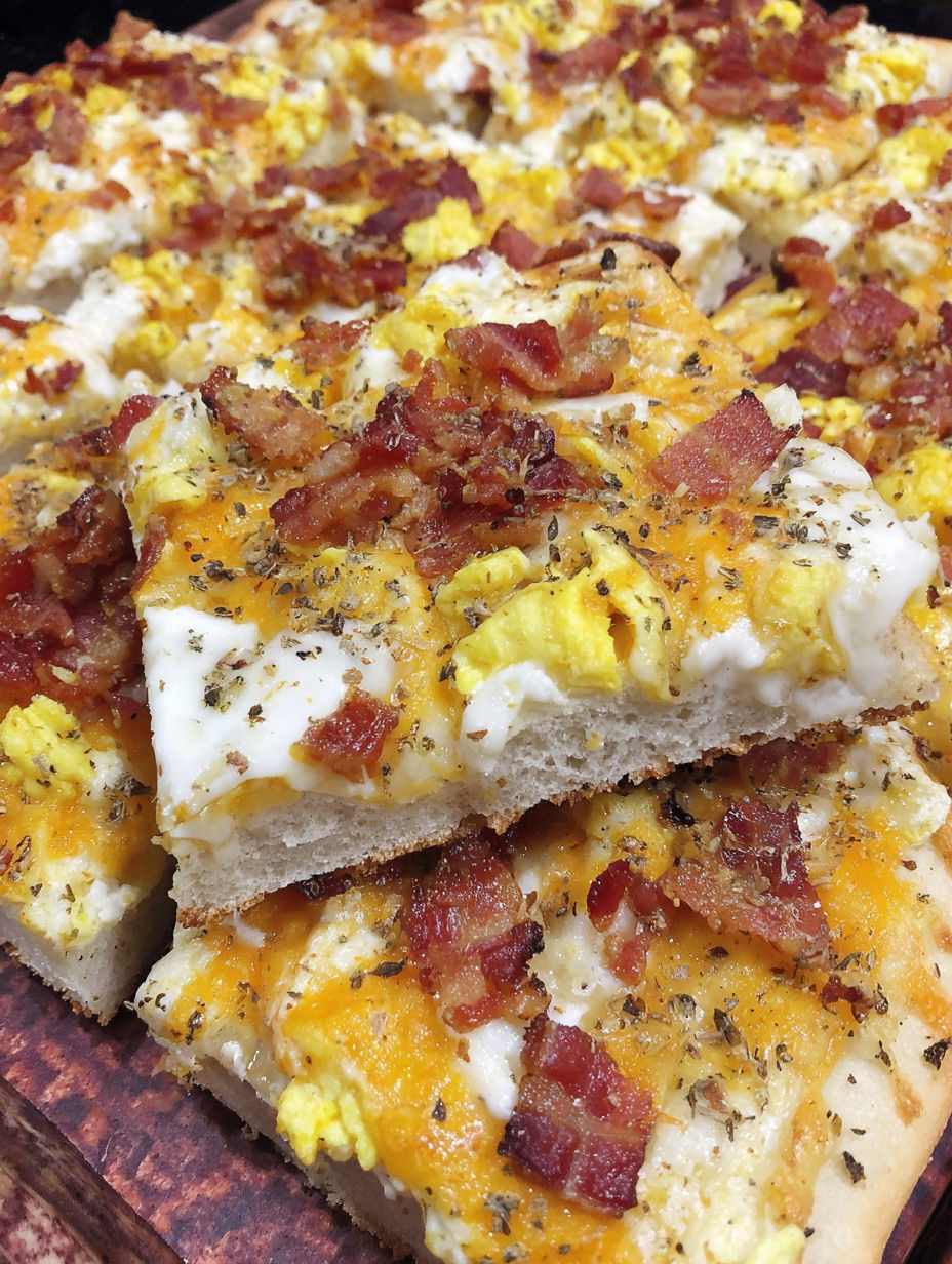 A close up of a breakfast pizza with bacon and cheese.