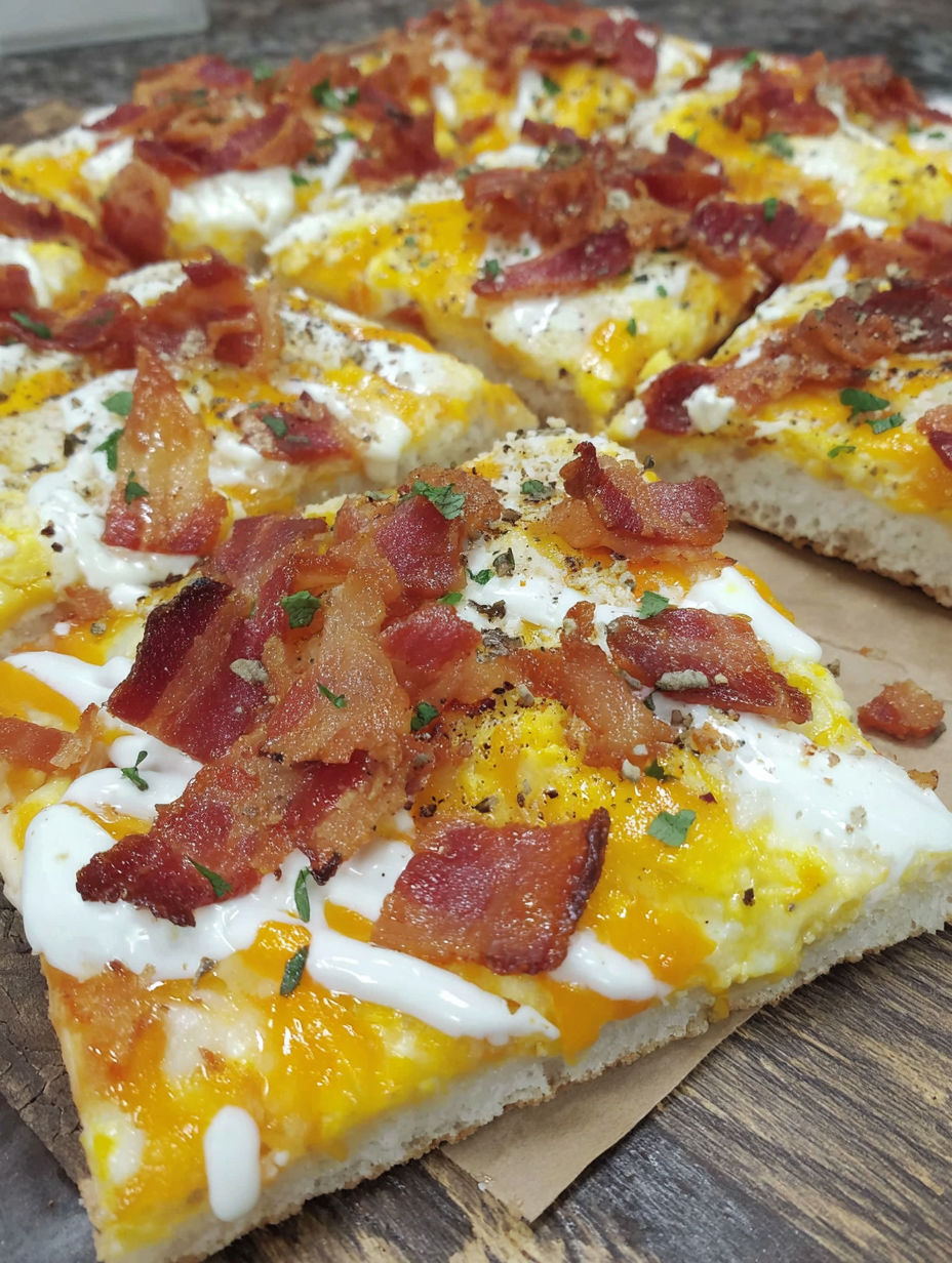 A close up of a breakfast pizza with bacon and cheese.