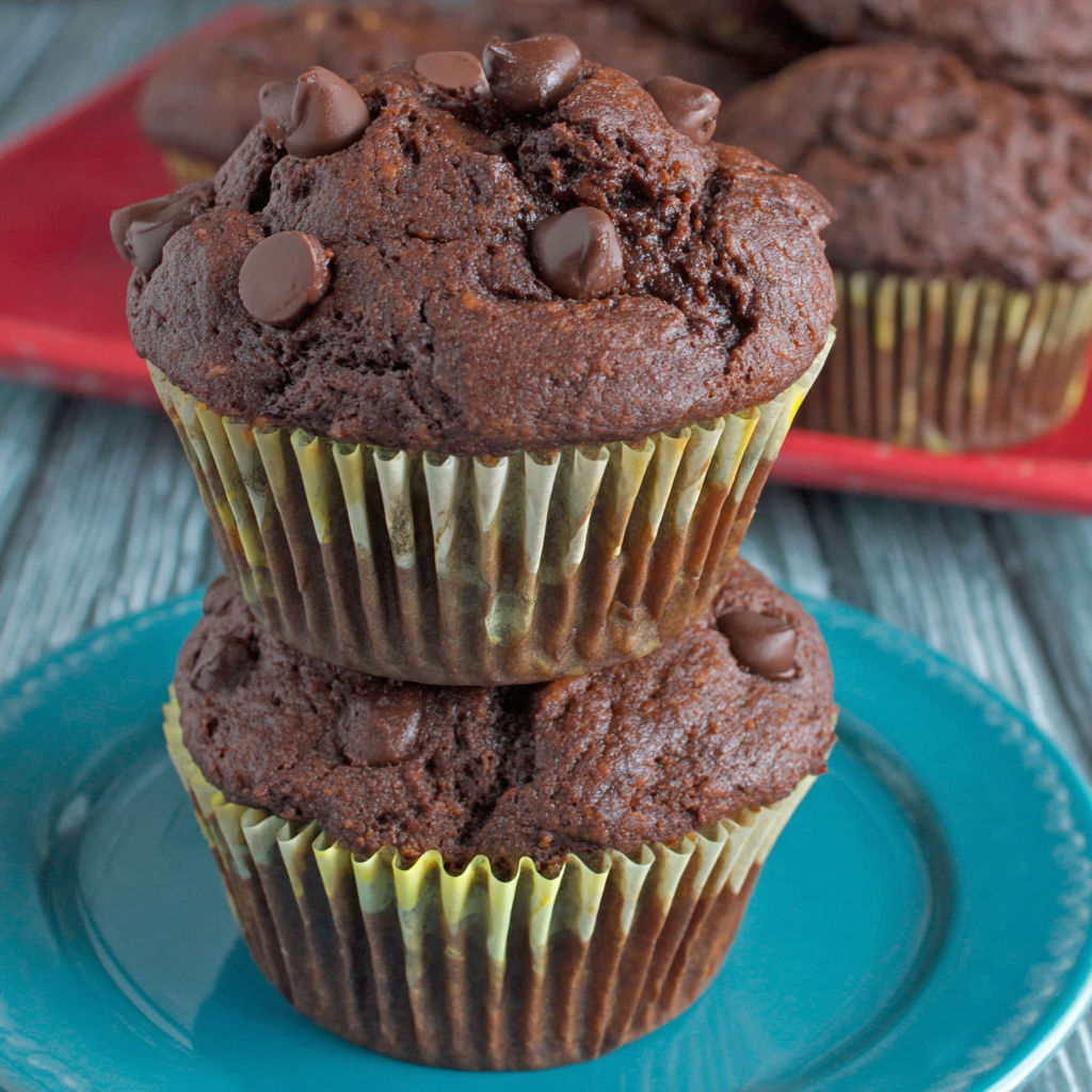 Three chocolate banana muffins on a plate.
