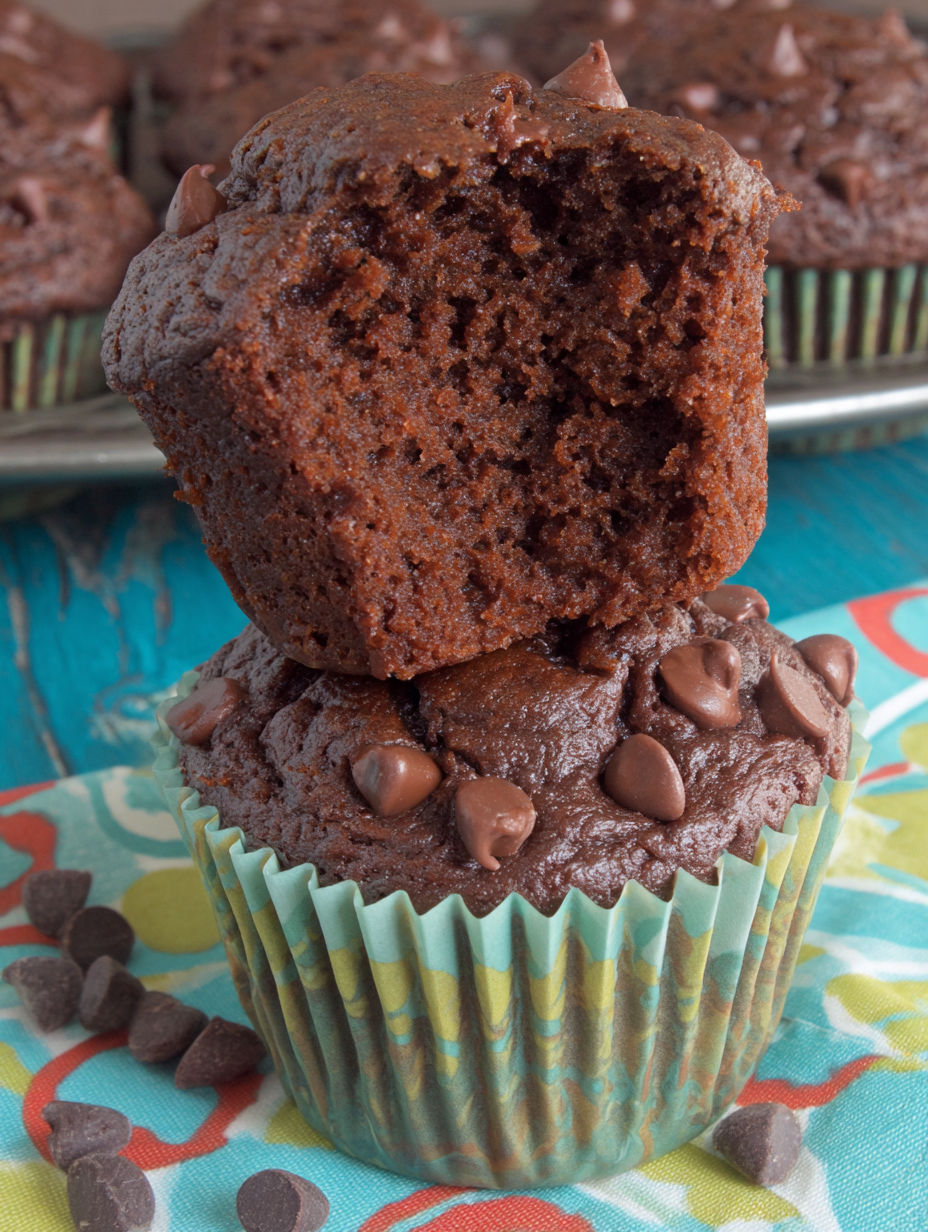 A chocolate banana muffin with chocolate chips on top.