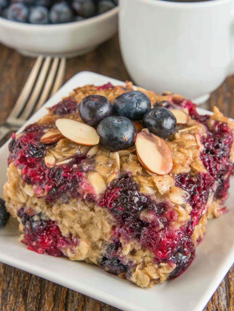 A slice of Almond Berry Baked Oatmeal.
