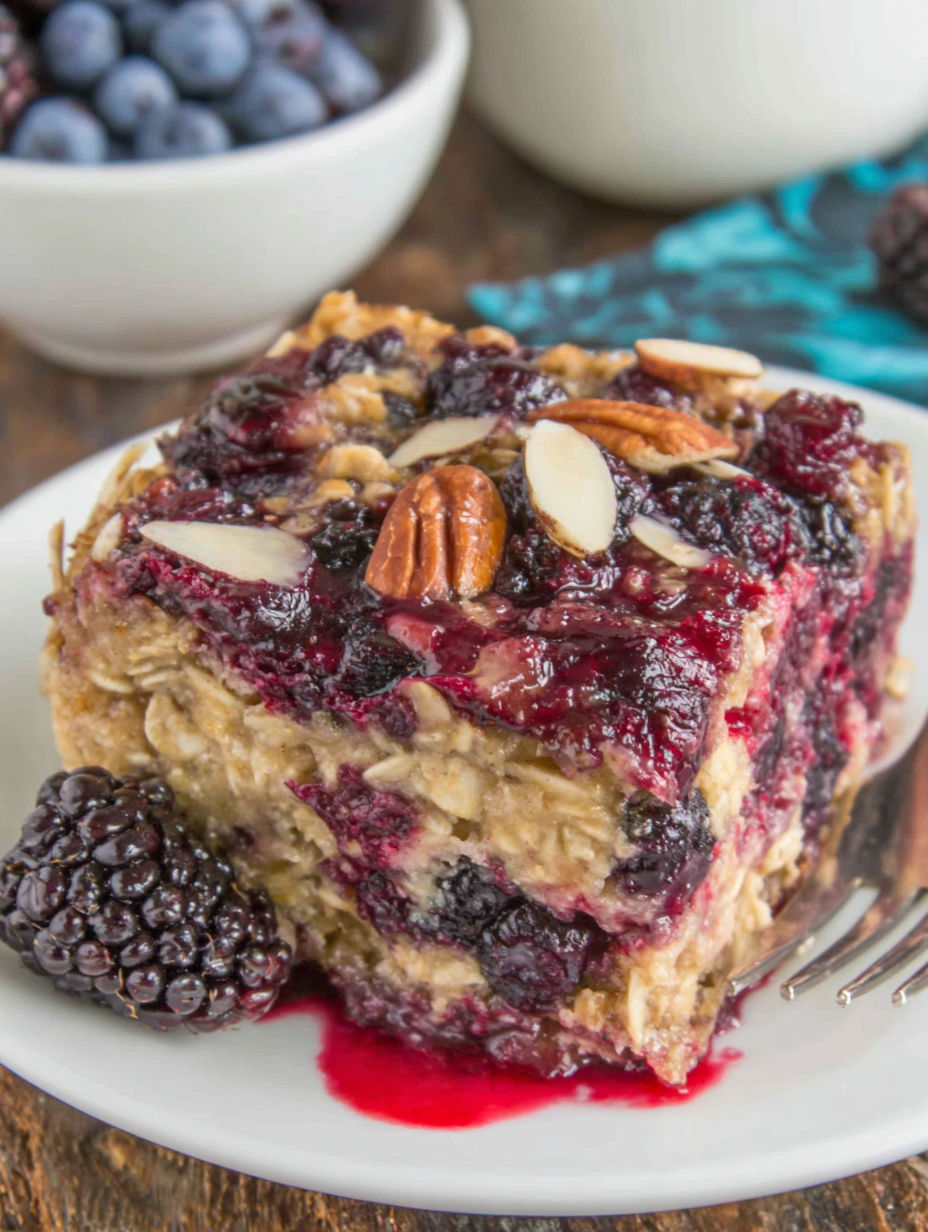 A slice of almond berry baked oatmeal.