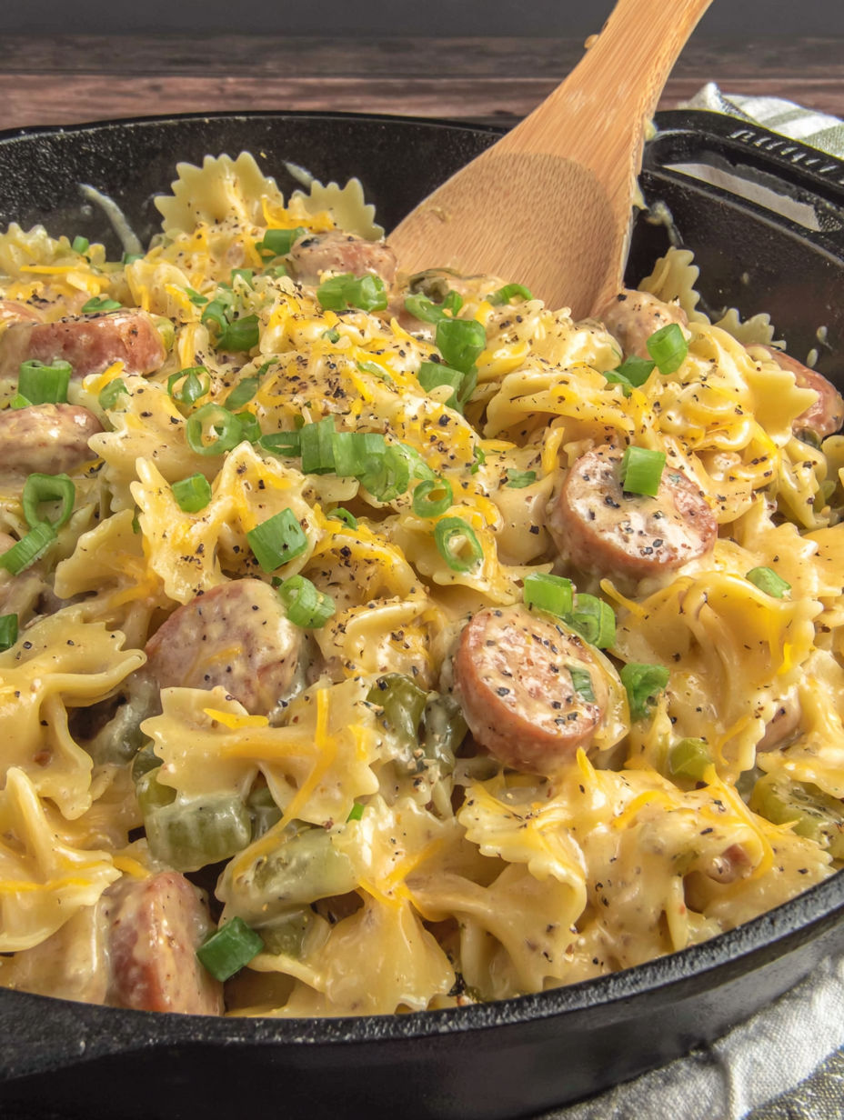 A skillet of cheddar sausage and pasta.