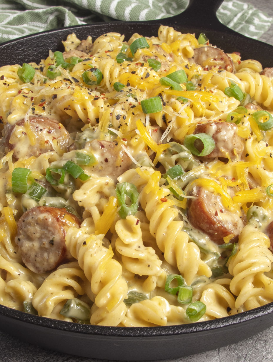 A skillet of pasta with cheddar sausage and green peppers.