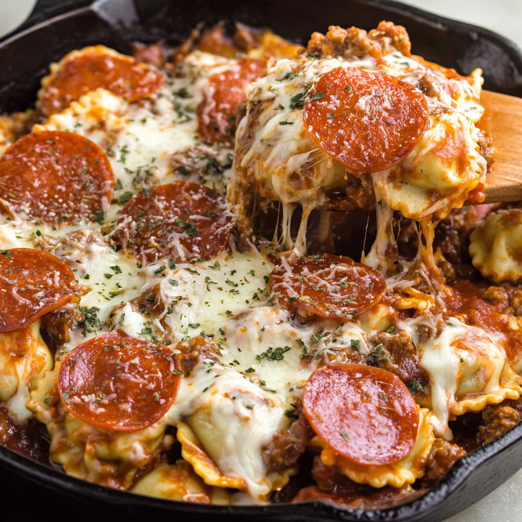 A skillet filled with meat lover's pizza ravioli.