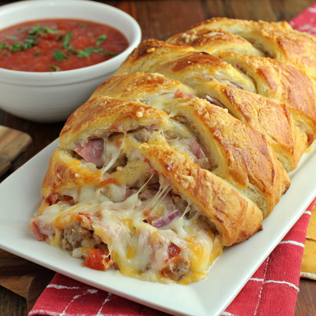 A Meat Lover's Crescent Braid on a plate.