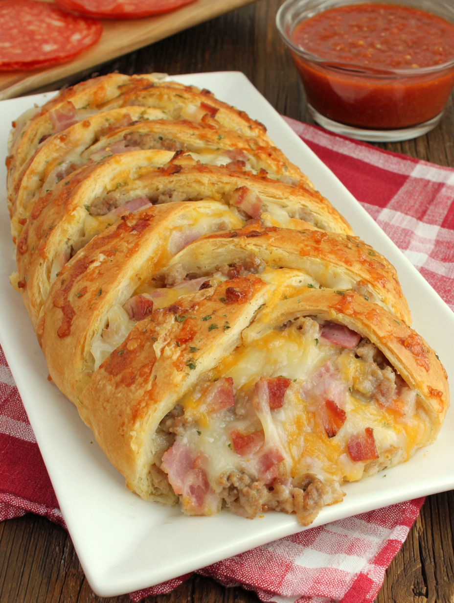 A plate of food with a cheese and meat filled bread.