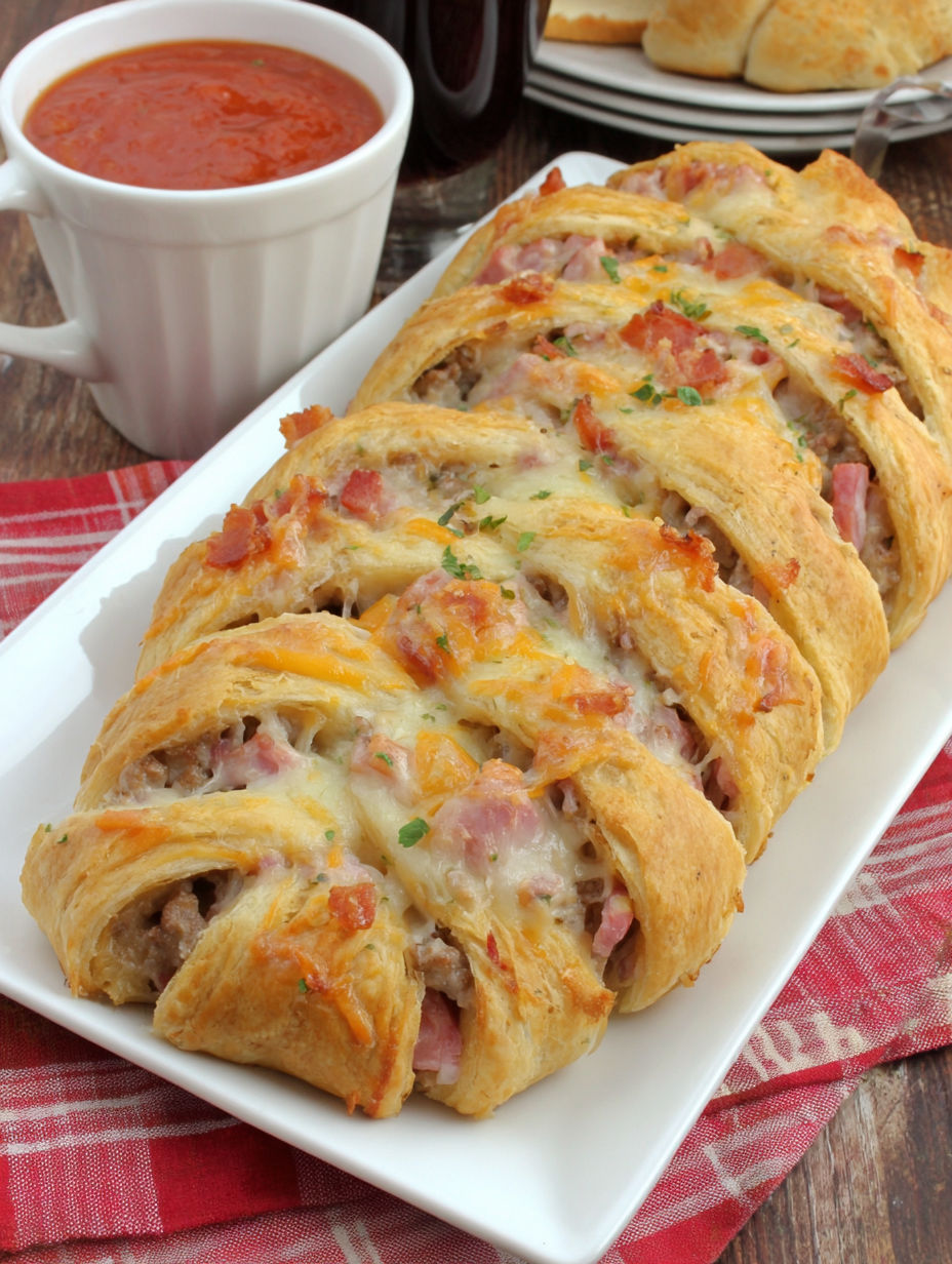 A plate of food with a pastry and a cup of sauce.