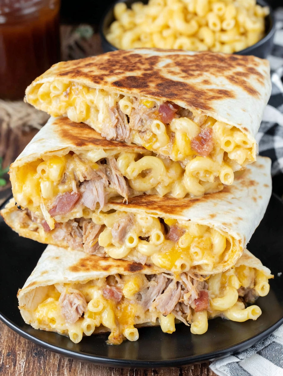A stack of three Pulled Pork Macaroni and Cheese Tortilla Wraps.